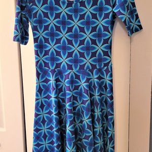 LuLaRoe Nicole Dress, blue and teal geometric floral print, size M